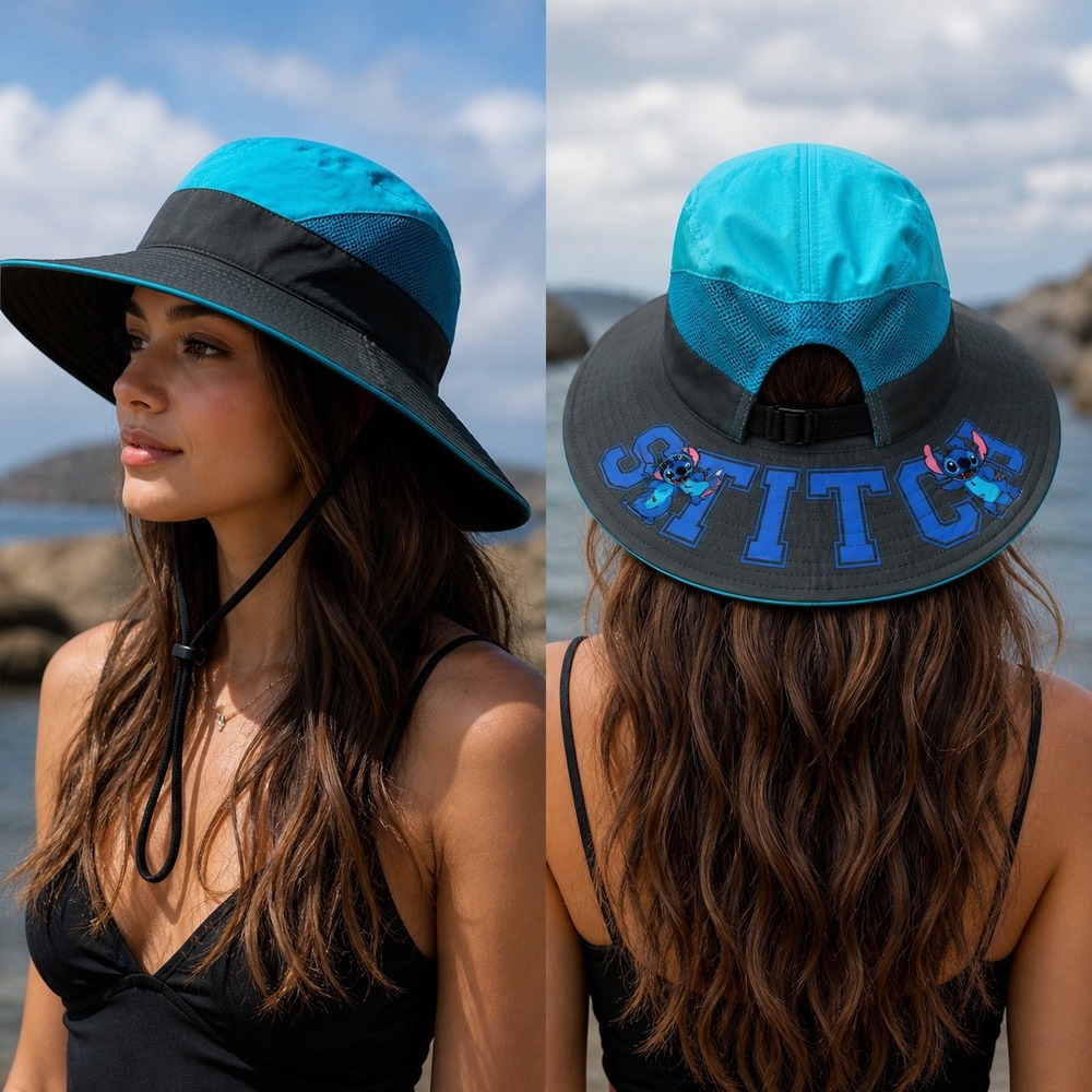 Disney Stitch Boonie Hat Womens OS Blue Gray Mesh SunShade Hiking Fishing Bucket